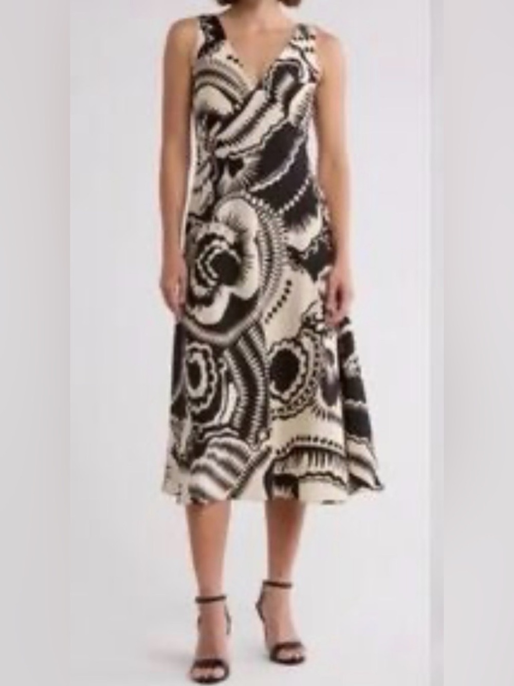 CALVIN KLEIN Brown Cream Printed V‑Back Midi Dress line A flower print Sz 12